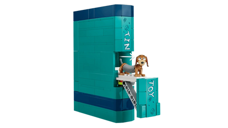 LEGO turquoise book build with a small Slinky Dog figure on an extended side platform
