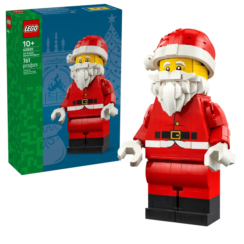 LEGO Up-Scaled Santa Minifigure 40820 built figure beside the product box