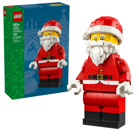 LEGO Up-Scaled Santa Minifigure 40820 built figure beside the product box