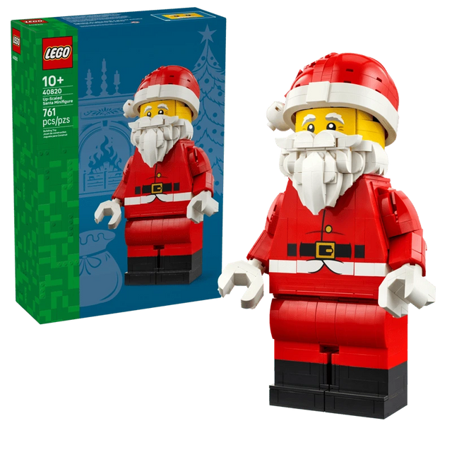 LEGO Up-Scaled Santa Minifigure 40820 built figure beside the product box