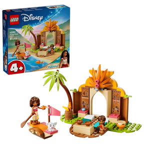 LEGO Disney Village House & Boat box shown with completed village house, boat, palm tree and figures