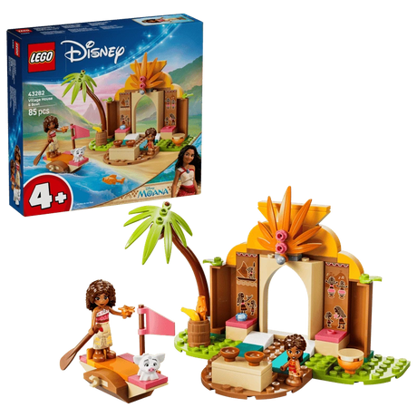 LEGO Disney Village House & Boat box shown with completed village house, boat, palm tree and figures