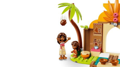 LEGO Moana and Simea figures beside a palm tree and village house section