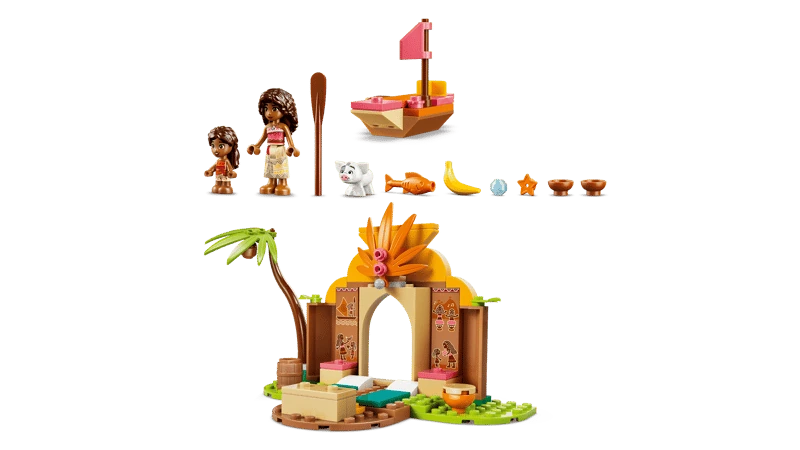 LEGO Village House & Boat set lineup with figures, boat, palm tree, village house and small accessories