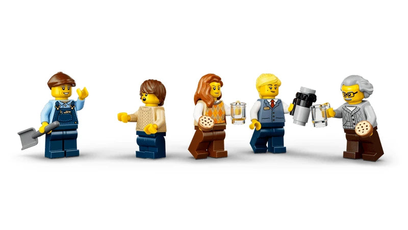 Five LEGO City minifigures with shovel, suitcase, thermos, mug and cookie accessories