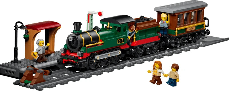 LEGO City vintage steam train with station platform, track, lamppost and two minifigures