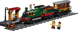 LEGO City vintage steam train with station platform, track, lamppost and two minifigures