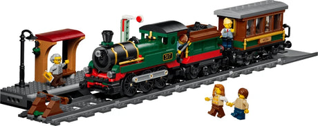 LEGO City vintage steam train with station platform, track, lamppost and two minifigures