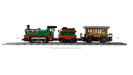 LEGO vintage steam train side view with engine, coal tender and passenger car on track