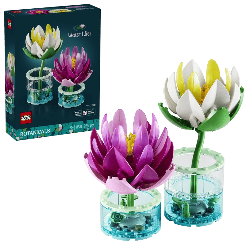 LEGO Water Lilies 11511 box with pink and white water lily builds in transparent blue bases
