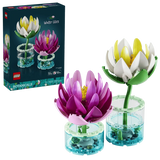 LEGO Water Lilies 11511 box with pink and white water lily builds in transparent blue bases