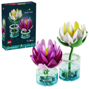 LEGO Water Lilies 11511 box with pink and white water lily builds in transparent blue bases