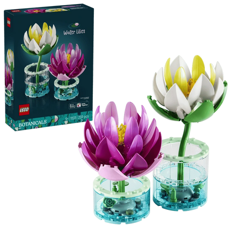 LEGO Water Lilies 11511 box with pink and white water lily builds in transparent blue bases