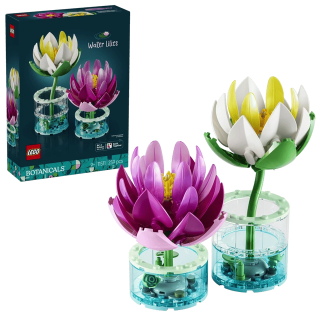 LEGO Water Lilies 11511 box with pink and white water lily builds in transparent blue bases