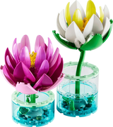 LEGO Water Lilies display with pink and white flower builds in transparent blue bases