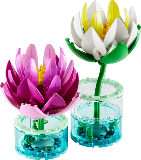 LEGO Water Lilies display with pink and white flower builds in transparent blue bases