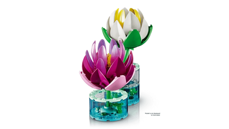 Side view of LEGO Water Lilies with pink flower in front and white flower behind