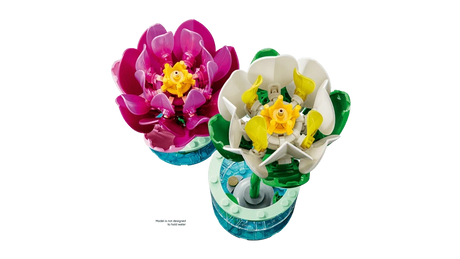 Top view of LEGO Water Lilies pink and white flower builds with yellow centres