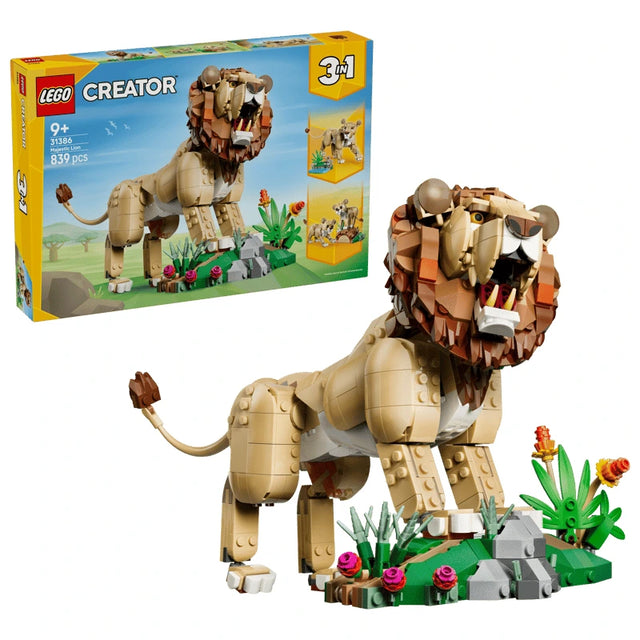 LEGO Wild Animals: Majestic Lion 31386 box with lion model and savanna habitat build