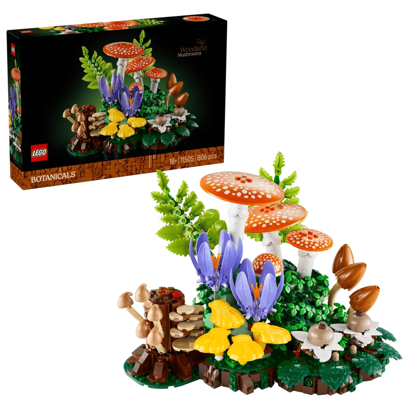 LEGO Woodland Mushrooms 11505 box with mushroom, crocus and fern display model