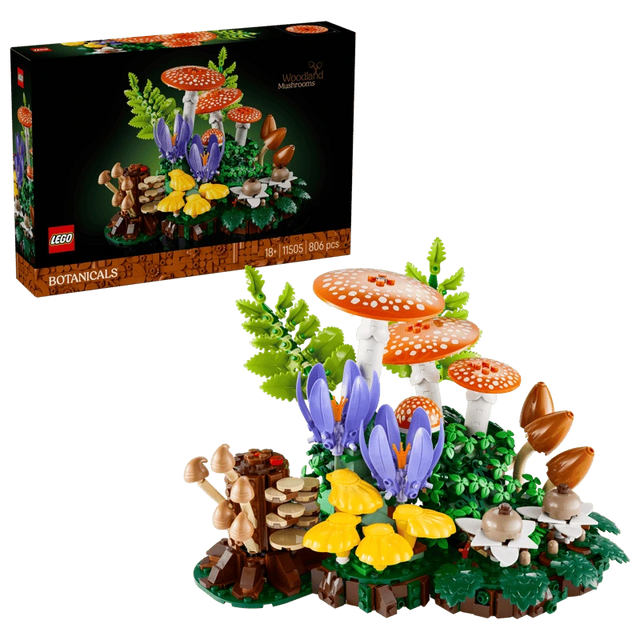 LEGO Woodland Mushrooms 11505 box with mushroom, crocus and fern display model