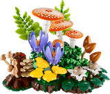 LEGO Woodland Mushrooms display with red fly agaric mushrooms, purple crocuses and green ferns