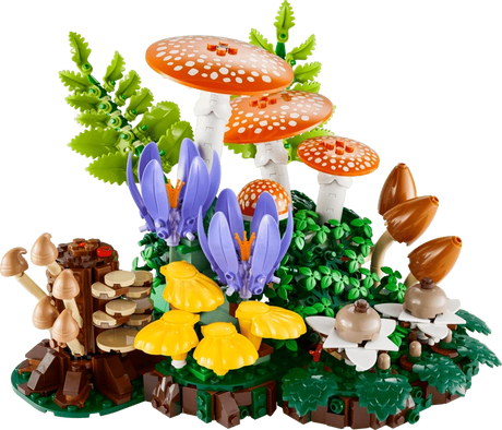 LEGO Woodland Mushrooms display with red fly agaric mushrooms, purple crocuses and green ferns
