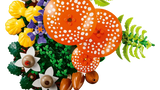 Top view of LEGO Woodland Mushrooms display with red mushrooms, purple crocuses and yellow flowers