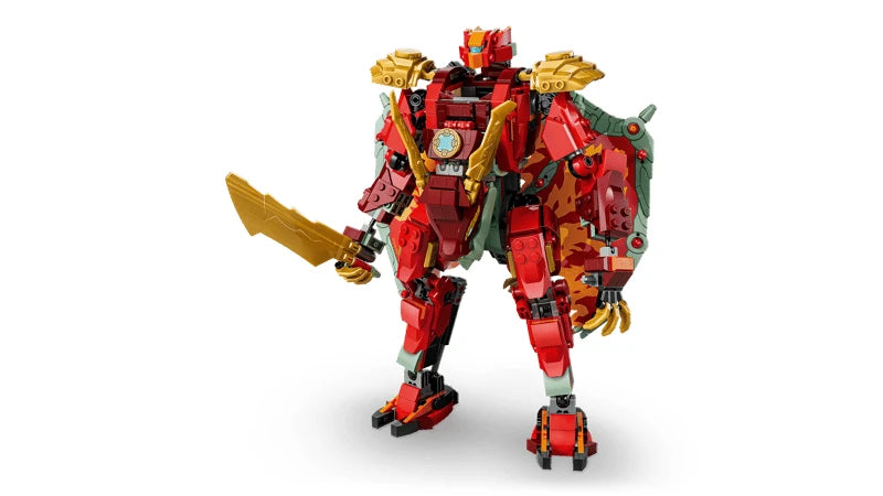 LEGO NINJAGO red dragon mech standing with gold sword and folded wings