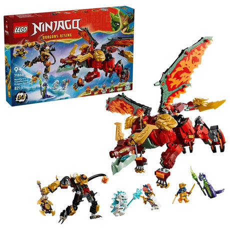 LEGO NINJAGO box with built red dragon model, black mech, minifigures and weapon pieces