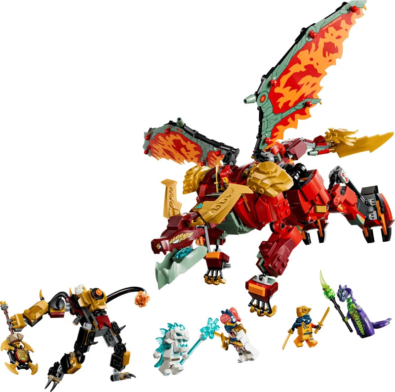 LEGO NINJAGO red dragon model with gold wings, black mech, minifigures and weapon pieces