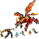 LEGO NINJAGO red dragon model with gold wings, black mech, minifigures and weapon pieces