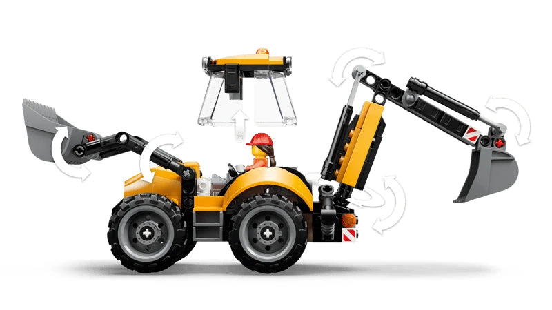 Side view of LEGO Yellow Backhoe Loader with front bucket, cab and moving backhoe arm