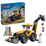 LEGO Yellow Backhoe Loader box shown with completed loader, portable toilet, worker minifigures, sign and rubble