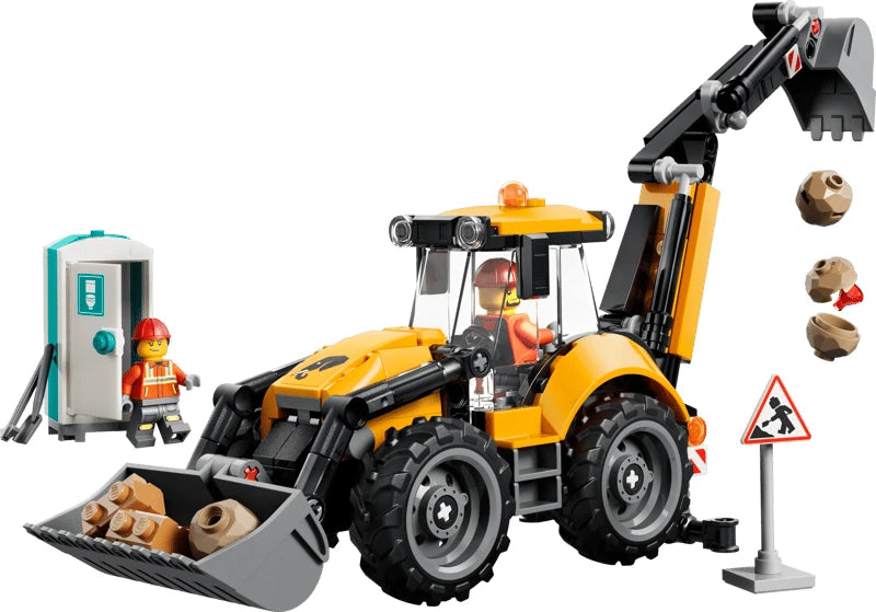 LEGO Yellow Backhoe Loader complete set with portable toilet, worker minifigures, sign, boulders, rubble and gem