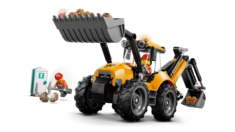 LEGO Yellow Backhoe Loader with raised front bucket, portable toilet, worker minifigure and rubble