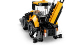 Rear view of LEGO Yellow Backhoe Loader showing cab, rear wheels, stabiliser legs and backhoe arm