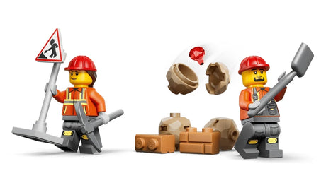 Two LEGO construction worker minifigures with road sign, shovel, boulders, rubble and gem accessory