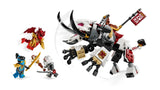 LEGO white dragon beast model with red and blue minifigures and grey minifigure on the saddle