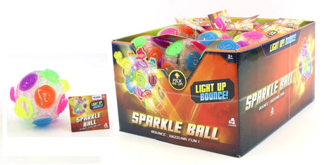 Light Up Bounce Sparkle Ball beside a product card and retail display box filled with multiple balls