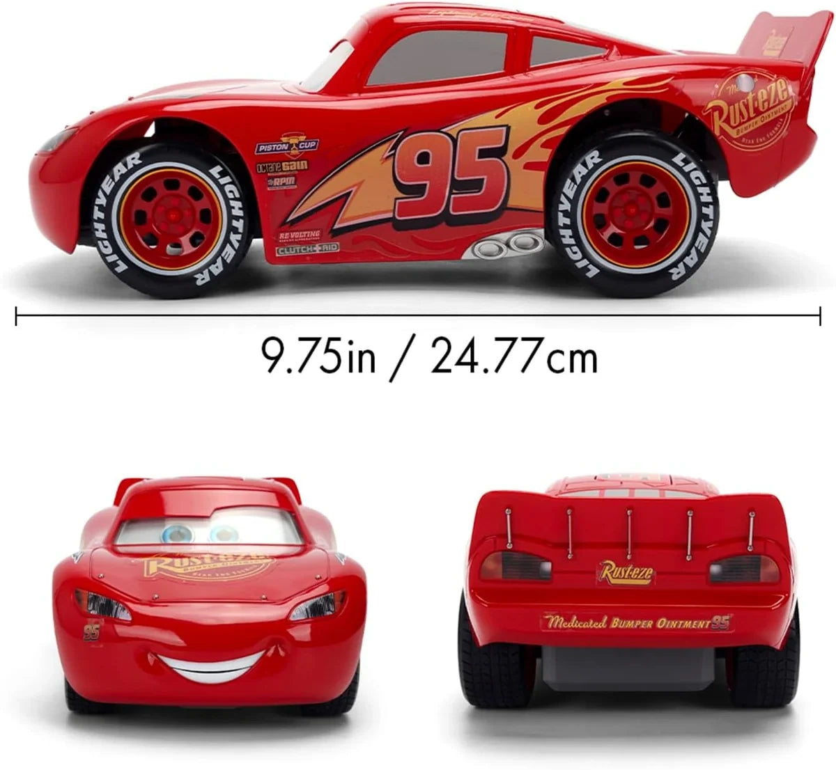 Lightning McQueen Animated RC shown from the side, front and rear, with a vehicle length measurement of 24.77 cm.