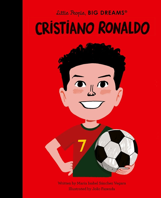 Little People, BIG DREAMS Cristiano Ronaldo front cover with an illustrated footballer holding a black and white football
