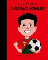 Little People, BIG DREAMS Cristiano Ronaldo front cover with an illustrated footballer holding a football against a red background