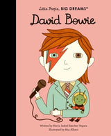 Front facing view of Little People Big Dreams David Bowie hardback book with illustrated Bowie holding a microphone