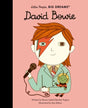 Illustrated cover of Little People Big Dreams David Bowie book showing Bowie with lightning face paint and a microphone