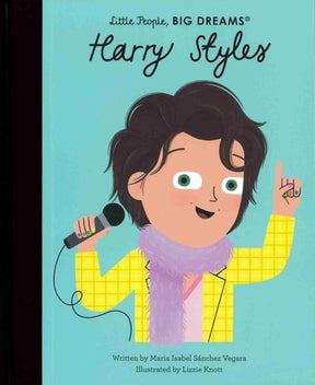 Little People, BIG DREAMS Harry Styles front cover with an illustrated boy holding a microphone and wearing a purple scarf