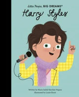 Little People, BIG DREAMS Harry Styles book cover showing an illustrated boy with a microphone and raised hand
