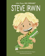 Illustrated cover of Little People Big Dreams Steve Irwin book showing Steve holding a small crocodile