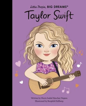 Illustrated cover of Little People Big Dreams Taylor Swift book showing Taylor with a guitar on a purple background
