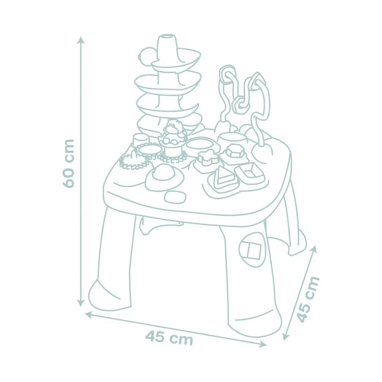 Little Smoby Activity Table dimensions diagram showing 60cm height and 45cm by 45cm tabletop